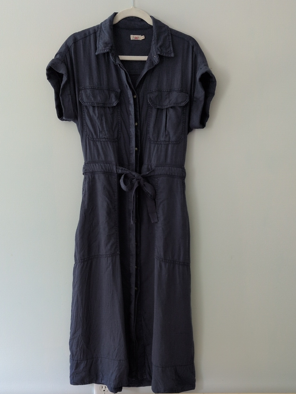 Faherty Navy Utility Shirt Dress with Tie Waist Tencel